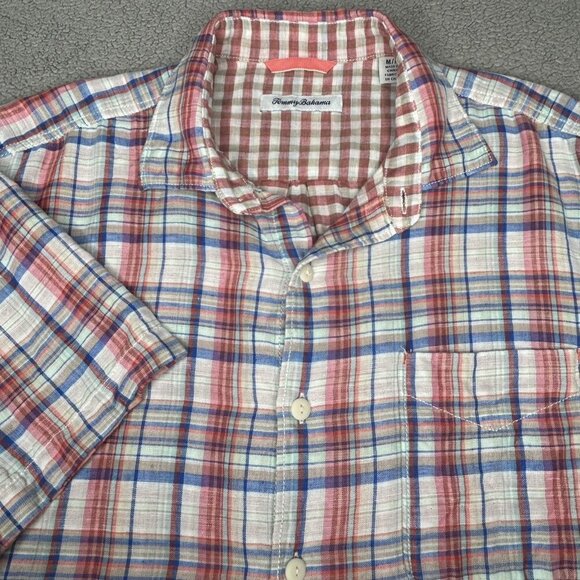 Tommy Bahama Shirt Mens Medium Linen Blend Plaid Camp Button Up Contrast Lining - Picture 1 of 10